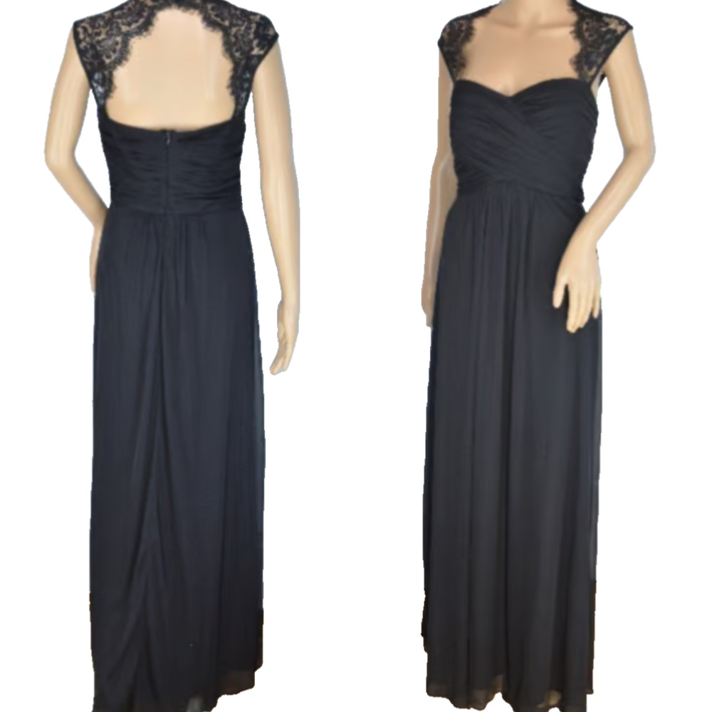 Black Chiffon Lace Back Evening Gown Sweetheart Pleated Formal Maxi Dress sz S/M